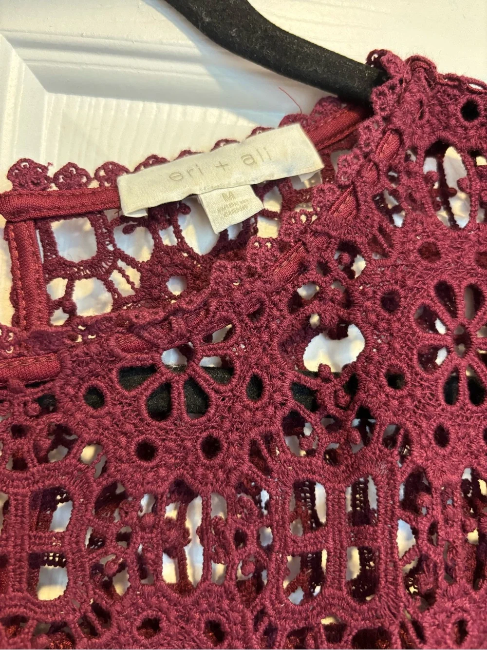 Anthropologie Burgundy Crochet Yoke Long-Sleeve Blouse